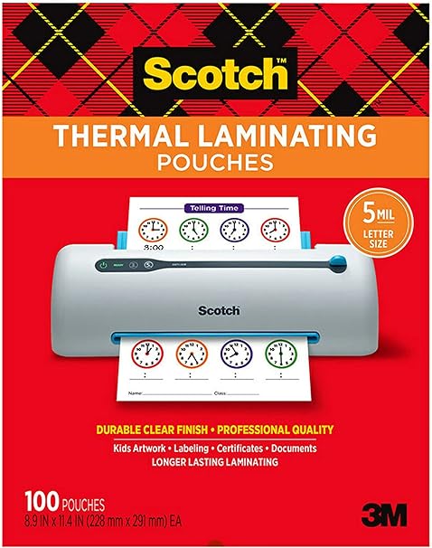 Scotch Thermal Laminating Pouches, 100 Count, Clear, 5 mil., Laminate Business Cards, Banners and Essays, Ideal Office or School Supplies, Fits Letter Sized Paper (8.9 in. × 11.4 in.)