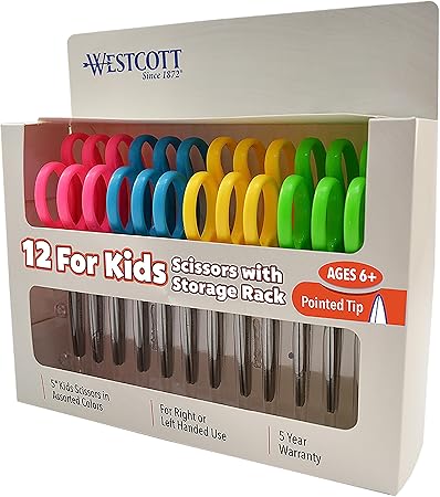 Westcott Right- & Left-Handed Scissors For Kids, 5’’ Pointed Safety Scissors, Assorted, 12 Pack (13141)