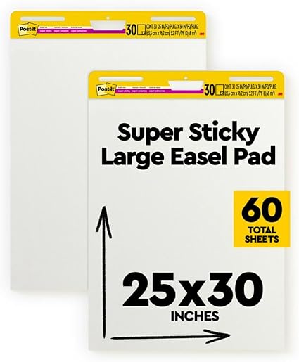 Post-it Super Sticky Easel Pad, 25 in x 30 in, White, 30 Sheets/Pad, 2 Pad/Pack, Large White Premium Self Stick Flip Chart Paper, Super Sticking Power (559)