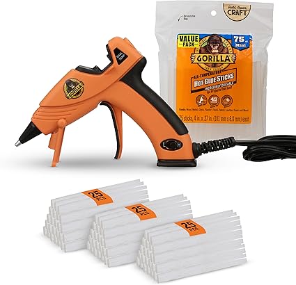 Gorilla Dual Temp Mini Hot Glue Gun Kit with 75 Hot Glue Sticks, Precision Nozzle, and Easy Squeeze Trigger, for DIY, Craft, Repairs, and More, Orange (Combo Pack:1 Mini Gun, 75 Glue Sticks)