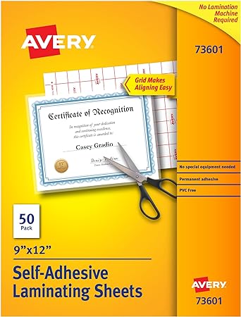 Avery 73601 Self-Adhesive Laminating Sheets, 9 x 12 Inch, Permanent Adhesive, 50 Clear Laminating Sheets