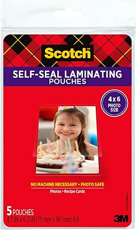 Scotch Self-Sealing Laminating Pouches, Glossy Finish, 4.3 x 6.3 Inches, 5 Pouches (PL900G)