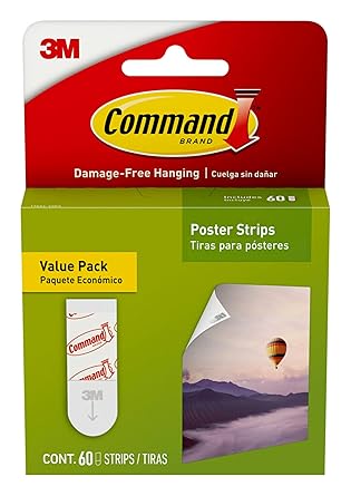 Command Poster Strips, Damage Free Hanging Poster Hangers, No Tools Wall Hanging Strips for Posters, 60 White Command Adhesive Strips