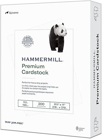 Hammermill White Cardstock, 110 Lb, 8.5 x 11 Colored Cardstock, 1 Pack (200 Sheets) - Thick Card Stock, Made in the USA, 168380R