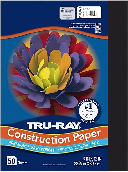 Pacon 103029 Tru-Ray Construction Paper, 76 lbs., 9 x 12, Black, 50 Sheets/Pack