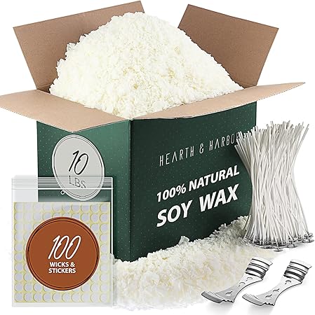 Hearth & Harbor Soy Candle Wax for Candle Making 10 lb Bag, Premium Natural Soy Wax Flakes, 100 Cotton Candle Wicks, 100 Wick Stickers, & 2 Centering Devices