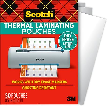 Scotch Dry Erase Thermal Laminating Pouches, 50-Pack, Works with Dry Erase Markers, Reuseable Worksheets, Calendars, Checklists, 8.9 x 11.4 Inches, Letter Size, Clear Professional Finish (TP3854-50DE)