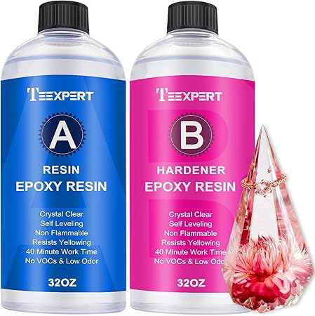 Teexpert Epoxy Resin Crystal Clear: 64OZ Epoxy Resin kit Fast Curing Heat Resistant for Casting Coating Art DIY Craft Jewelry Wood Table Top Flower Preservation- 2 Part(32OZ Resin and 32OZ Hardener)