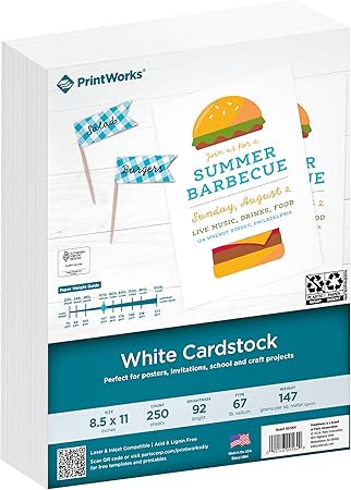 Printworks White Cardstock, Standard, 67 lb. Vellum, 92 Bright, 250 sheets, 8.5 x 11, For Office, Home & School Printing, Craft Projects (00564)