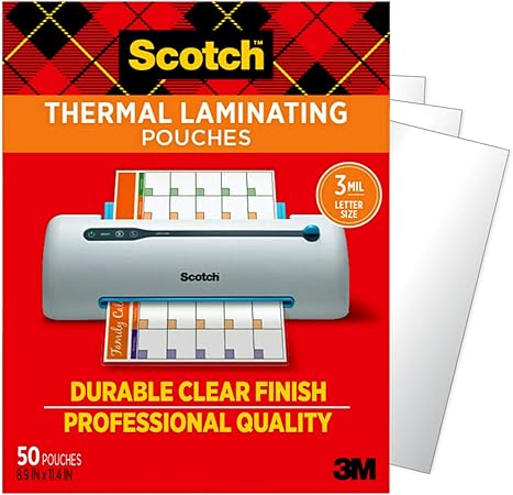 Scotch Thermal Laminating Pouches, 50 Pack Laminating Sheets, 3 Mil, 8.9 x 11.4 Inches, Education Supplies & Craft Supplies, For Use With Thermal Laminators, Letter Size Sheets (TP3854-50)