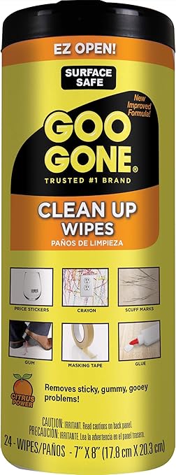 Goo Gone Clean Up Wipes Adhesive Remover - 24 Count - Removes Adhesive Residue Labels Stickers Crayon Tree Sap Gum Masking Tape Glue and More