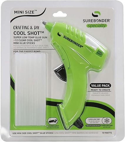 Surebonder Ultra Low Temperature Cool Shot Mini Glue Gun, Extra Safe at 10 Watts, 12 Cool Shot Glue Sticks included.