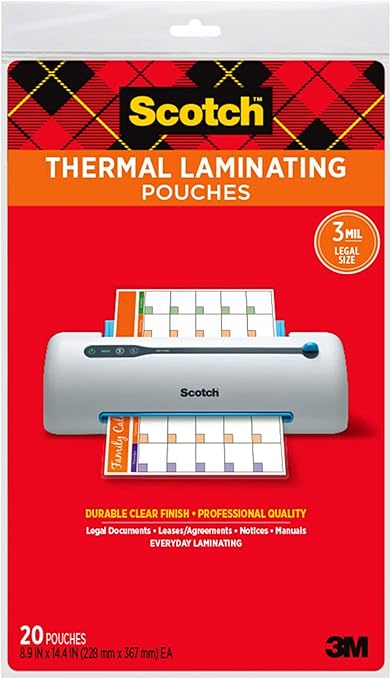 Scotch Thermal Laminating Pouches, 8.9 x 14.4-Inches, Legal Size, 20-Pack (TP3855-20)