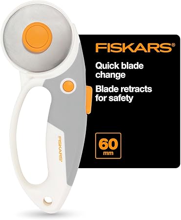 Fiskars 60mm Rotary Cutter for Fabric - Titanium Rotary Cutter Blade - Craft Supplies - Crafts, Sewing, and Quilting Projects - White