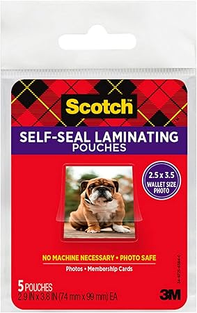 Scotch Self-Sealing Laminating Pouches, Wallet Photo Size, Glossy Finish, 2 1/2 in. x 3 1/2 in., 5 Pouches