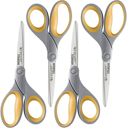 Westcott ‎17598 8-Inch Titanium Scissors For Office and Home, Yellow/Gray, 4 Pack