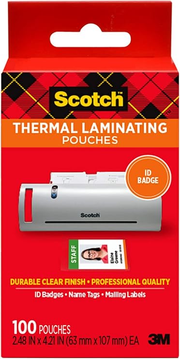 Scotch Thermal Laminating Pouches, 100 Count, Clear, 5 mil., Laminate Business Cards, Banners and Essays, Ideal Office or School Supplies, ID Card Sized (2.4 in. × 4.2 in.) Paper