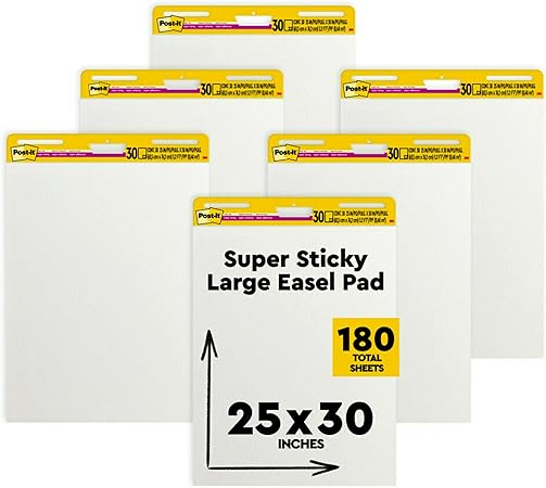 Post-it Super Sticky Easel Pad, 25 x 30 Inches, 30 Sheets/Pad, 6 Pads, Large White Premium Self Stick Flip Chart Paper, Super Sticking Power (559VAD6PK)