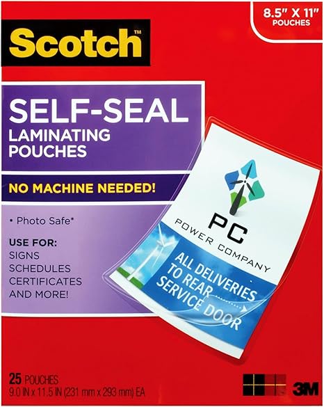 Scotch Self-Seal Laminating Pouches, 25 Pack, Letter Size (LS854-25G-WM)