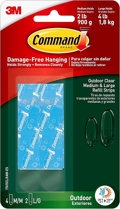 Command Outdoor Medium & Large Clear Refill Strips, 4 Medium Strips and 2 Large Strips, Water- and UV-Resistant, Re-Hang Command Hooks for Wreath or Wall Décor