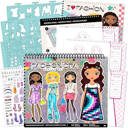 Fashion Angels Fashion Design Sketch Portfolio - Sketch Book for Beginners, Sketch Pad with Stencils and Stickers for Kids 6 and Up, Brown(Covers May Vary)