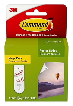 Command Poster Strips, Damage Free Hanging Poster Hangers, No Tools Wall Hanging Strips for Posters, 136 White Command Adhesive Strips