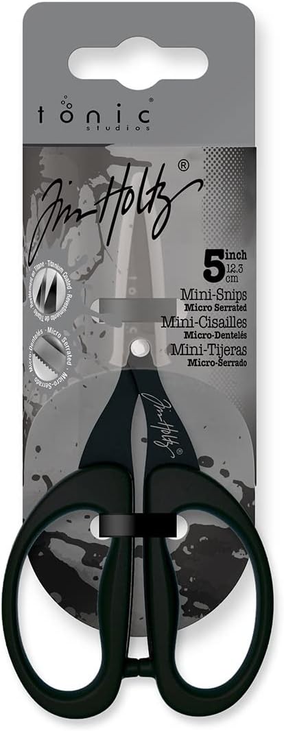 Tim Holtz Small Scissors - 5 Inch Mini Snips with Micro Serrated Blade - Craft Tool for Cutting Paper, Fabric, and Sewing - Titanium with Black Comfort Grip Handles