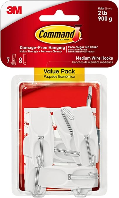 Command Medium Wire Toggle Hooks, Damage Free Hanging Wall Hooks with Adhesive Strips, No Tools Wall Hooks for Hanging Organizational Items in Living Spaces, 7 White Hooks and 8 Command Strips