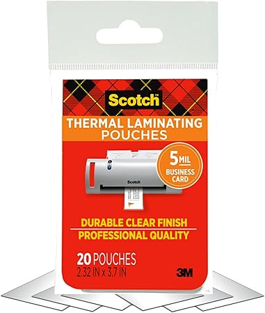 Scotch Thermal Laminating Pouches, Clear, Fits Business Card Size (2.3 in x 3.7.) Paper, 20 Pouches