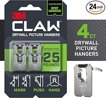 3M CLAW 25 lb. Drywall Picture Hanger with Spot Markers, Heavyweight Hanging Solution for Room Decor and Office Decor, Including Mirrors or Large Art – 4 Pack