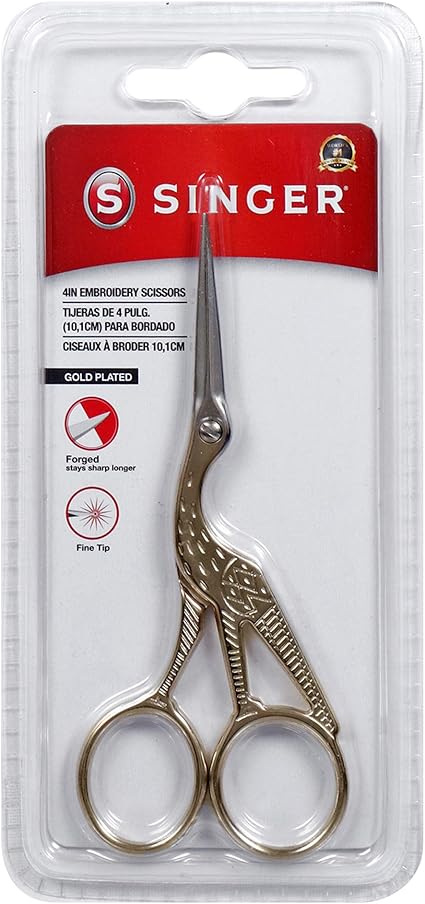 SINGER 4 Inch Forged Embroidery Scissors with Curved Tip for Sewing, Cross-Stiching, Crafts, & More (Gold Stork Design, 1-Pack)