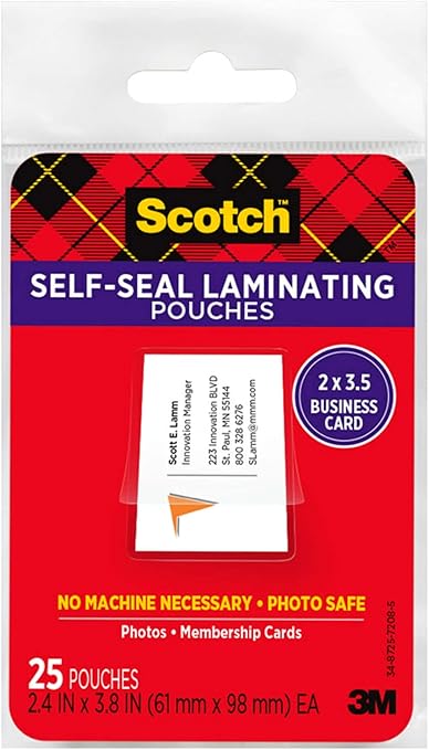 Scotch Self-Sealing Laminating Pouches, 25 Pack, Business Card Size, Great for Gift Tags