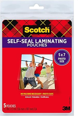 Scotch Self-Seal Glossy Document or Photo Laminating Pouches, 5 x 7 Inches, 5-Pack