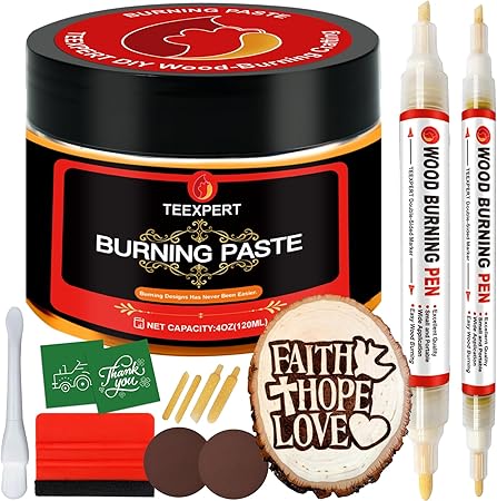 Teexpert Wood Burning Gel Pen Kit,4 OZ Wood Burning Paste,2 Scorch Pens Double-Sided, 4 Tips, Squeegee, Sandpaper for DIY Heat Sensitive Wood Burning Marker for Wood Crafts Suitable Artists Beginners