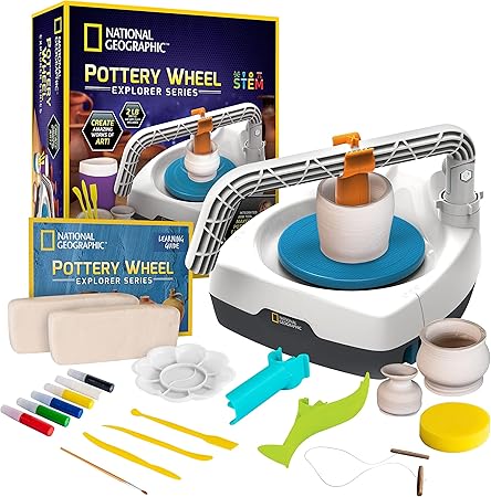 NATIONAL GEOGRAPHIC Pottery Wheel for Kids – Complete Pottery Kit for Beginners, Plug-in Motor, 2 lbs. Air Dry Clay, Sculpting Clay Tools, Apron & More, Patented Design, Craft Kit (Amazon Exclusive)