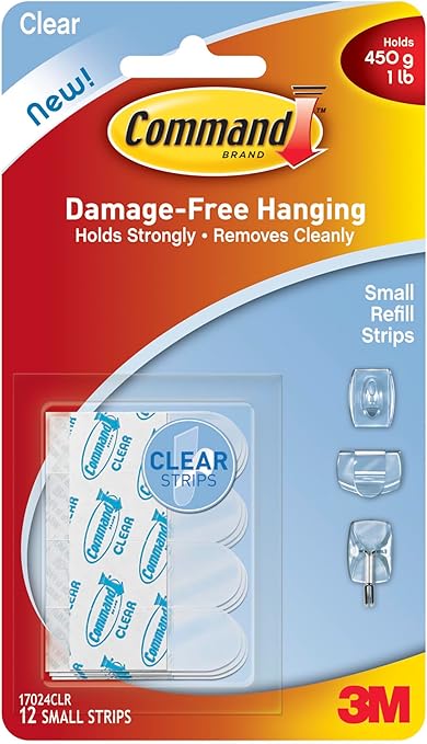 Command Clear Small Refill Strips, Holds up to 0.5 lb, 12 Replacement Strips, Re-Hang Clear Command Hooks or Wire Toggle Hooks, or Light Clips