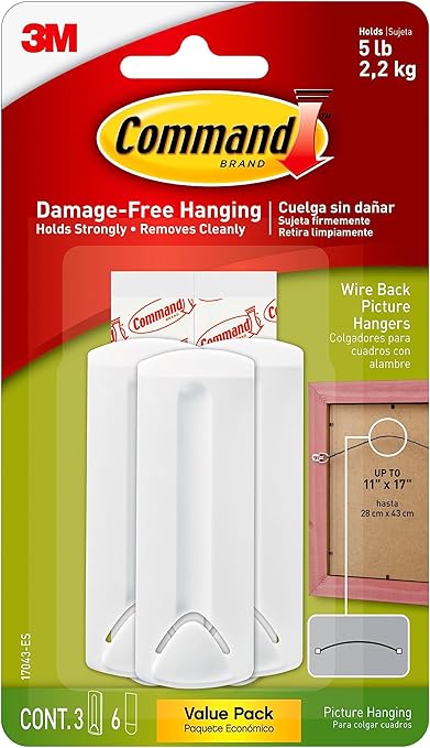 Command Wire Back Hangers, Holds up to 3 lb, 3 Hangers with 6 Command Strips, Damage Free Hanging Picture Hangers for Wire Back Frames up to 11