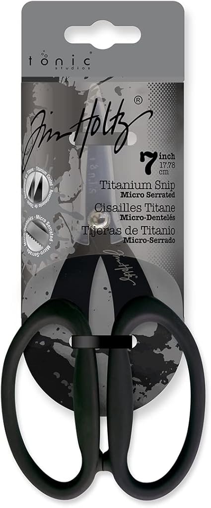 Tim Holtz Small Titanium Scissors - 7 Inch Mini Snips with Micro Serrated Blade - Non Stick Craft Tool for Cutting Paper, Fabric, and Sewing - Black Comfort Grip Handles