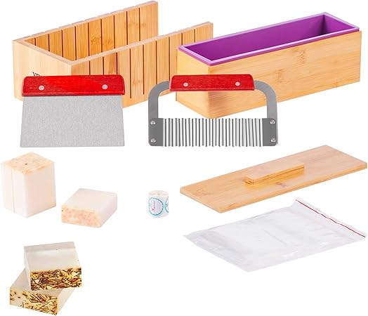 VEVOR Soap Making Kit, Bamboo Cutting Box and Inner Box with Silicone Mold, Stainless Steel Straight Cutter and Wavy Cutter, 100 Bags and 105 Stickers, Soap Making Supplies DIY Kits for Adults