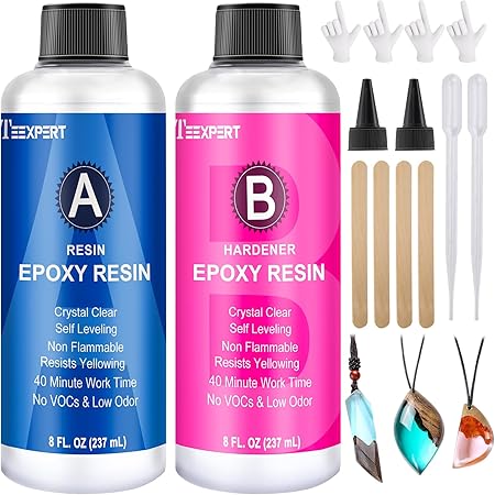 Teexpert Epoxy Resin Crystal Clear, 16oz Epoxy Resin Kit, Self-Leveling, Bubble-Free Coating and Casting Resin for DIY Art & Crafts, Jewelry, Coasters, Molds - 2 Part (8oz Resin and 8oz Hardener)