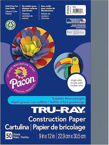 Pacon 103028 Tru-Ray Construction Paper, 76 lbs., 9 x 12, Slate, 50 Sheets/Pack