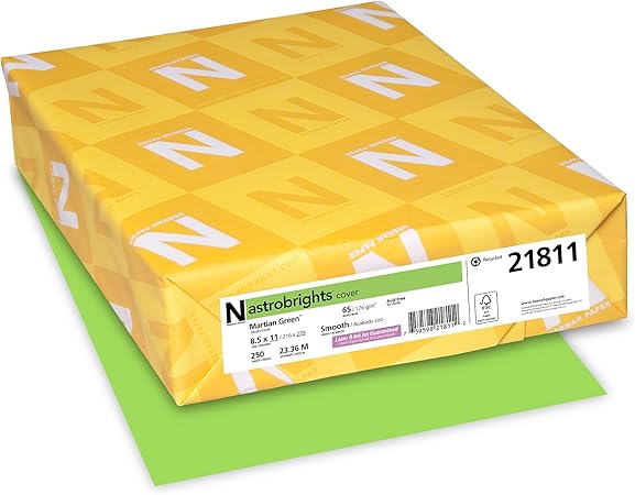 Wausau Papers Neenah Paper 21811 Astrobrights Colored Cardstock, 8.5” x 11”, 65 lb/176 GSM, Martian Green, 250 Sheets