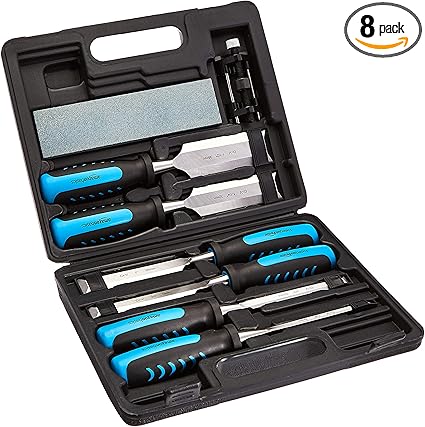 Amazon Basics 8-Piece Wood Carving Chisel Set with Honing Guide, Sharpening Stone and Storage Case, 1/4