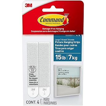 Command Large Bath Picture Hanging Strips, Holds up to 15 lb, Damage Free Hanging Picture Hangers, No Tools Wall Hanging Strips for Bathroom, 4 Pairs (8 Command Strips)