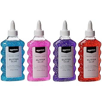 Amazon Basics Liquid Washable Glitter Glue, Assorted Colors (Purple Pink Red Blue), 177ml, 6 oz Each, 4-Count