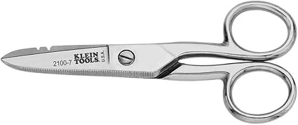 Klein Tools 2100-7 Electrician Scissors, Made in USA, for Home Theater, Datacom, Telecom, Cuts, Crimps, Strips, Nickel Plated