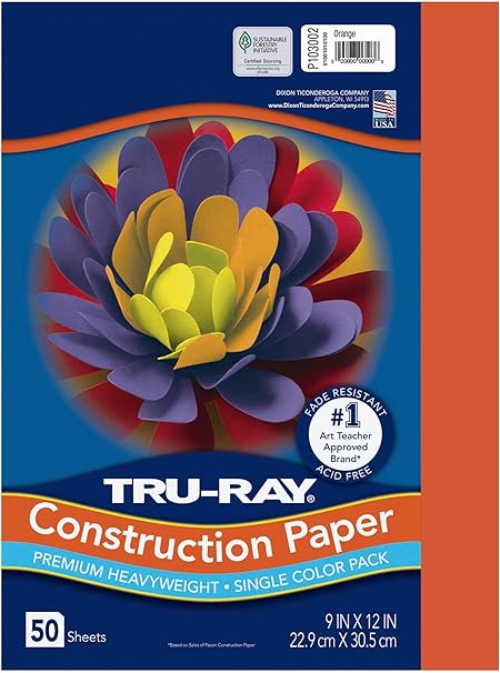 Pacon 103002 Tru-Ray Construction Paper, 76 lbs., 9 x 12, Orange, 50 Sheets/Pack