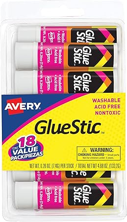 Avery Glue Stic Value Pack, White, Washable, Nontoxic, 0.26 oz., 18 Permanent Glue Sticks (98089)