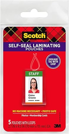 Scotch Self-Sealing Laminating Pouches, Bag Tags with Loops, Glossy, 5 Pouches