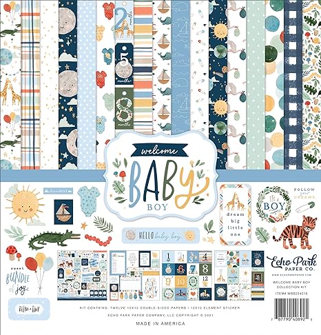 Echo Park Paper Company Welcome Baby Boy Collection Kit Paper , 12-x-12-Inch